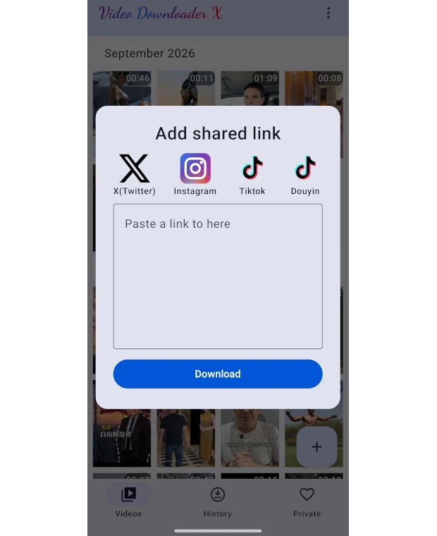 VDX Android app showing a video link ready to download